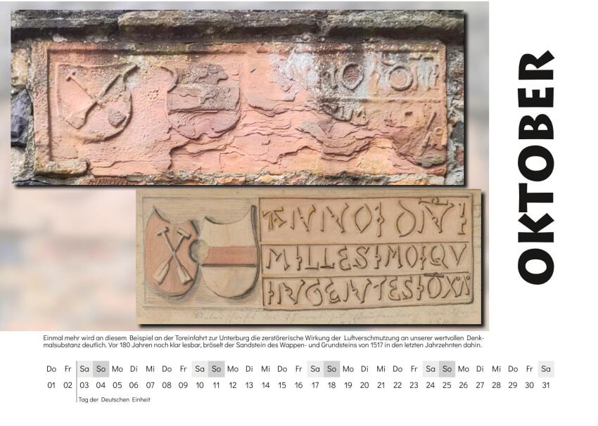 Oktober - Motiv: Einmal mehr wird an diesem Beispiel an der Toreinfahrt zur Unterburg die zerstörerische Wirkung der Luftverschmutzung an unserer seltenen Denkmalsubstanz deutlich. Vor 180 Jahren noch klar lesbar, bröselt der Sandstein des Wappen- und Grundsteins von 1517 in den letzten Jahrzehnten dahin.