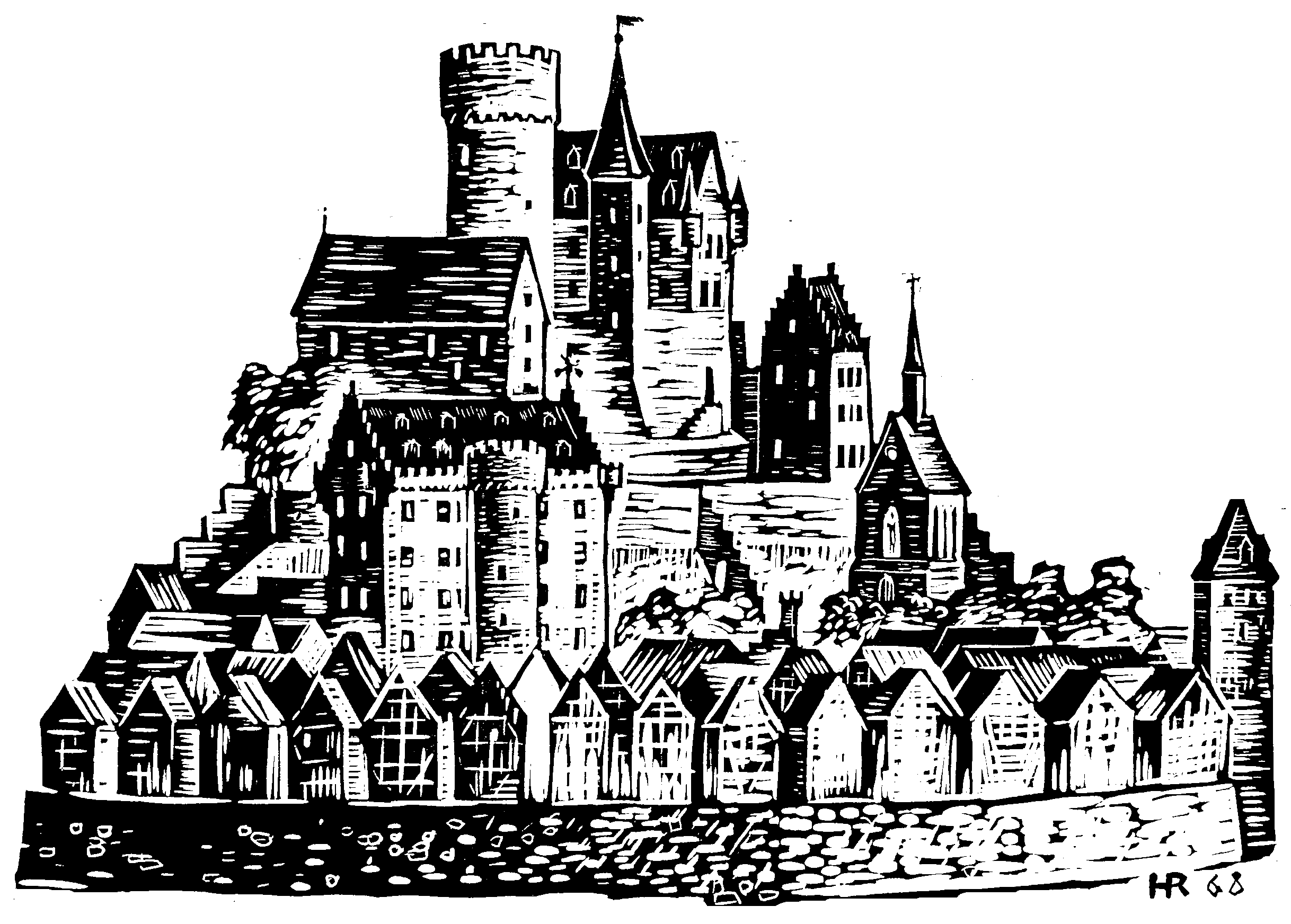 Reinhold Huttarsch, Staufenberg um 1600, Holzschnitt 1968, Ausschnitt.