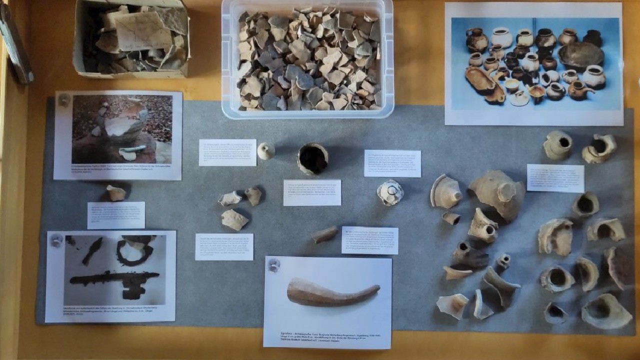 Aufsicht auf eine Ausstellungsvitrine mit verschiedenen Fundobjekten.
